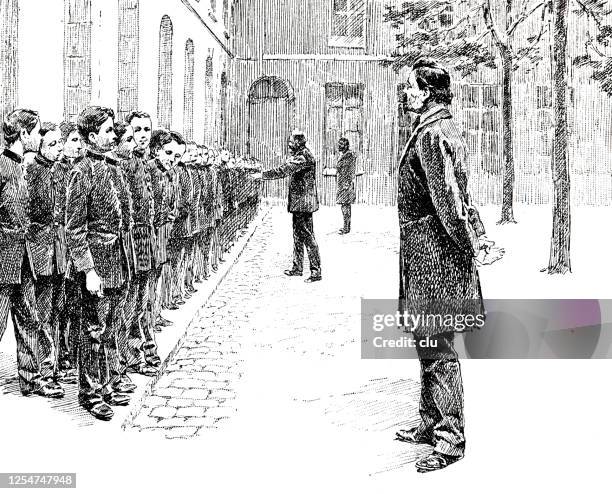 students start outdoor at a boarding school - boarding school stock illustrations