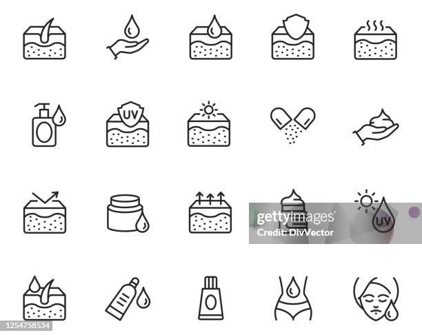 ilustraciones, imágenes clip art, dibujos animados e iconos de stock de conjunto de iconos de línea de piel - piel