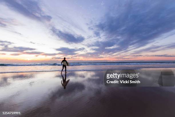 vibrant colored sunrise and clouds reflecting on the sand with a silhouette of a surfer with a surf board running into the ocean - australien meer stock-fotos und bilder