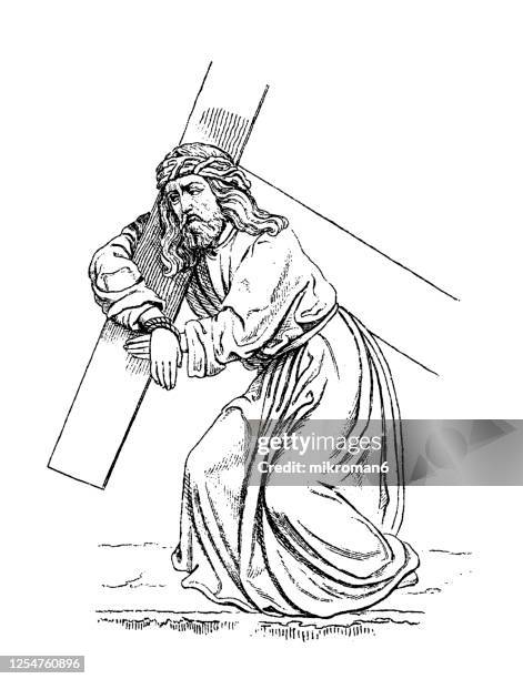 old engraved illustration of christus, way of the cross sculpture by adam krafft, german art sculpture - stations of the cross stock pictures, royalty-free photos & images