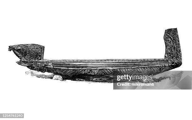 old engraved illustration of carved boat from new zealand - outrigger stock pictures, royalty-free photos & images