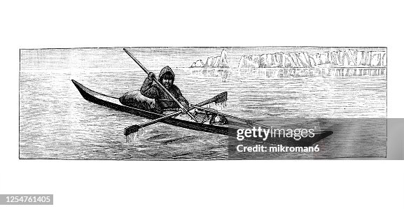 Old engraved illustration of Eskimo in kayak