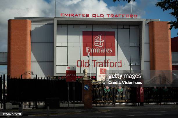 General views of the Emirates Old Trafford Stadium, home of the Lancashire County Cricket Club on July 6, 2020 in Manchester, United Kingdom.
