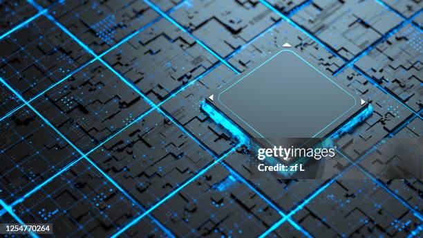 藍色網路上的發光晶片 - semiconductor imagens e fotografias de stock