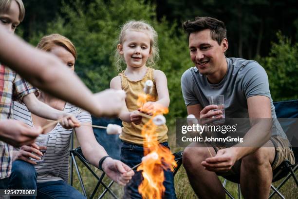 ouders en kinderen die marshmallows over kampvuur roosteren - marshmallow stockfoto's en -beelden