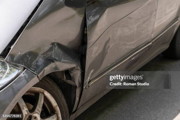 car accident and wrecked car on the road. crash. - acidente carro imagens e fotografias de stock