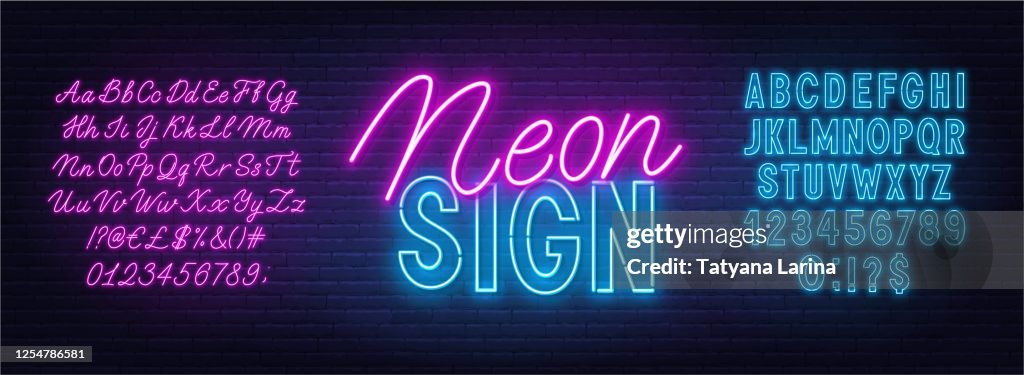 Pink Neon Script Neon Duo Pink And Blue Font Bold And Script Alphabet On A Brick Wall ...