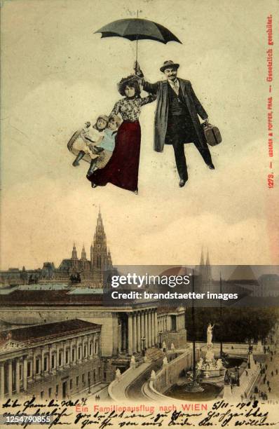 Family trip to Vienna', Parliament and City Hall Colored photomontage with mounted staffage. Publisher Lederer & Popper, Prague.