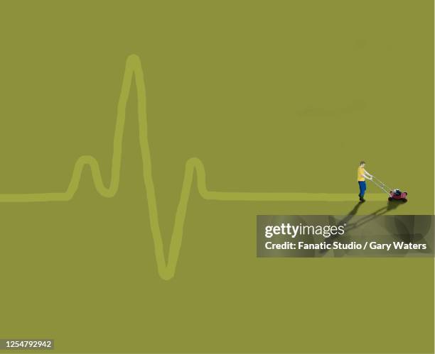 aerial view of a man mowing a heartbeat into a lawn - lawn care stock illustrations