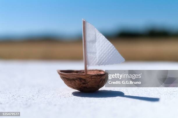 boat made from half nutshell and paper - cáscara de nuez fotografías e imágenes de stock