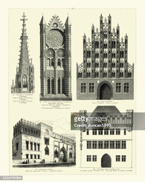 gothic architecture, llotja de la seda valencia, stone house frankfurt - frankfurt oder stock illustrations