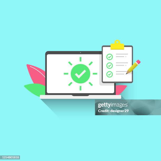 laptop computer and clipboard on tick icon vector design. - checklist stock illustrations