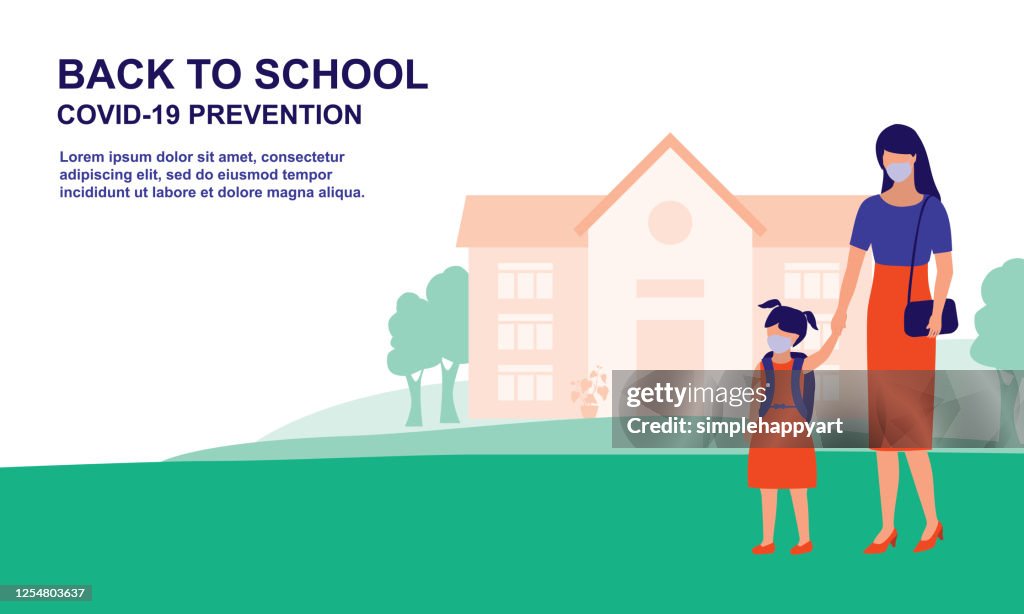 Mother Bring Daughter To School. Education And Back To School Concept. Vector Flat Cartoon Illustration.
