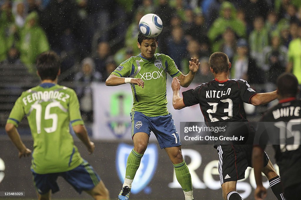 Fredy Montero of the Seattle Sounders FC heads the ball to Alvaro ...