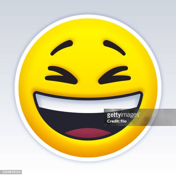 illustrazioni stock, clip art, cartoni animati e icone di tendenza di faccia emoji sorridente ridendo - allegro
