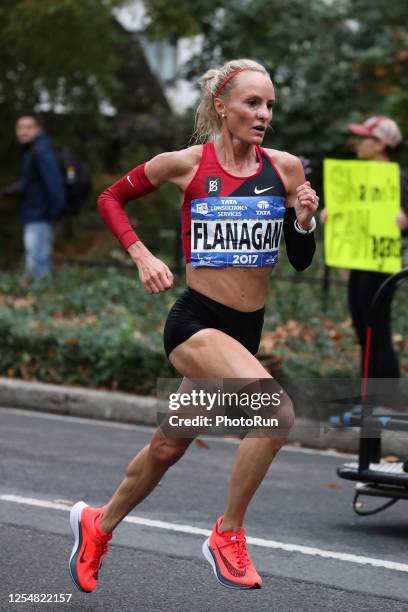 Women's professional division runner Shalane Flanagan runs during the 2017 TCS New York City Marathon November 05, 2017 in New York City.