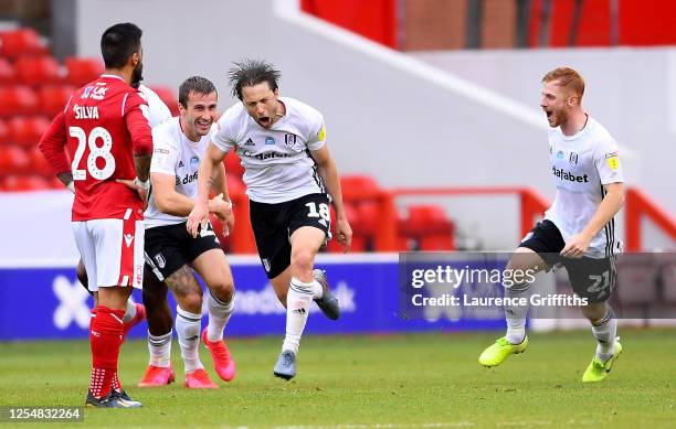 Harry Arter of Fulham is congratulated after scoring the opening goal during the Sky Bet Championship match between Nottingham Forest and Fulham at...