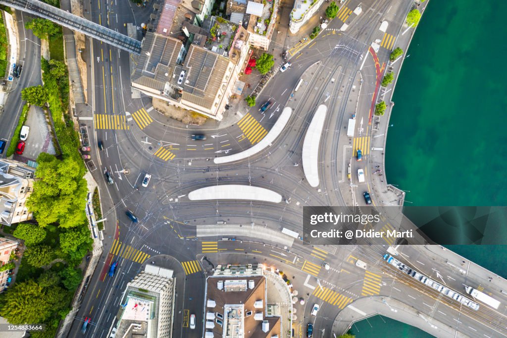 Top down view of a road intersection with tram stops in Zurich, Switzerland largest city