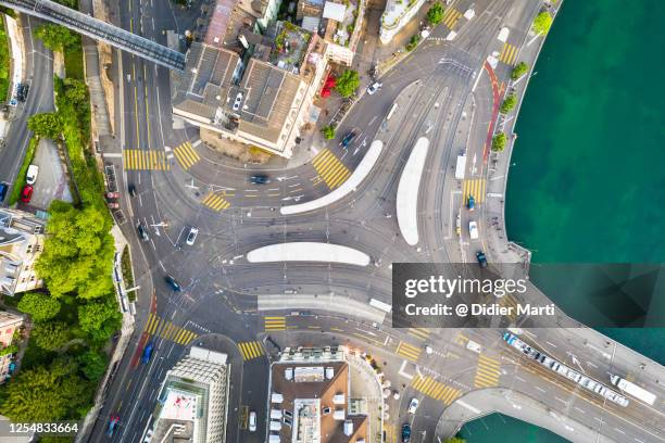 top down view of a road intersection with tram stops in zurich, switzerland largest city - crossroad top view stock-fotos und bilder