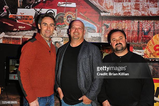 Mike Wolfe from American Pickers, Rick Harrison from Pawn Stars and Frank Fritz from American Pickers attend the grand opening of the History Pop...