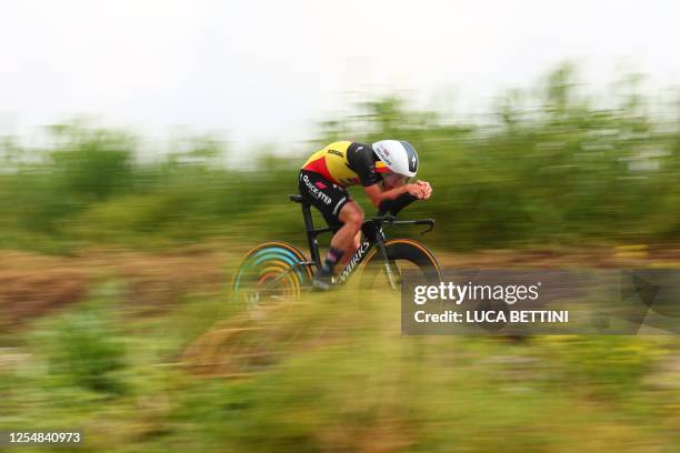 Soudal - Quick Step's Belgian rider Remco Evenepoel competes during the ninth stage of the Giro d'Italia 2023 cycling race, a 35 km individual time...