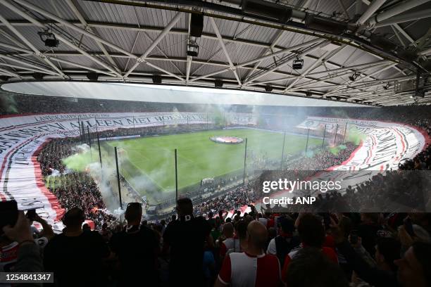Feyenoord supporters with a banner during the Dutch premier league match between Feyenoord and Go Ahead Eagles at Feyenoord Stadion de Kuip on May...