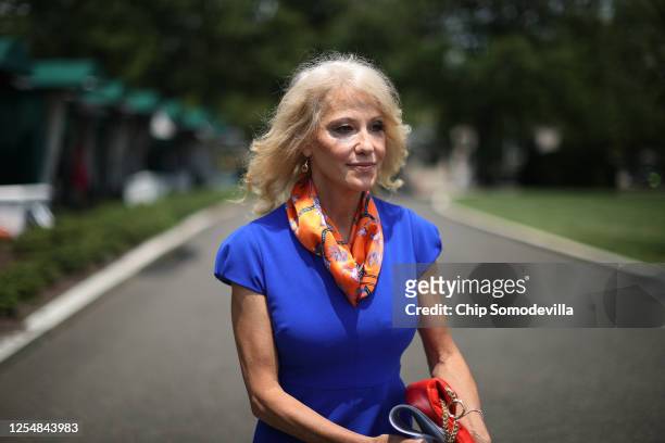 Kellyanne Conway, counselor to President Donald Trump, walks back into the West Wing following an interview with FOX outside the White House July 07,...