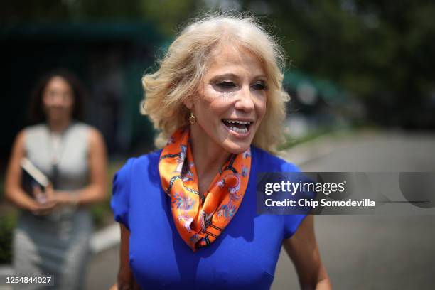 Kellyanne Conway, counselor to President Donald Trump, walks back into the West Wing following an interview with FOX outside the White House July 07,...