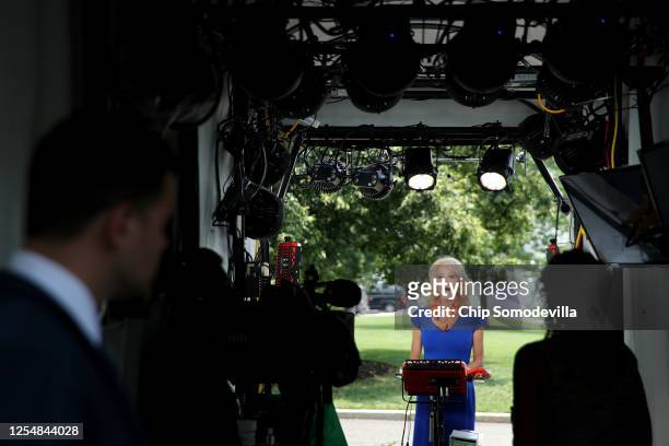 Kellyanne Conway, counselor to President Donald Trump, is interviewed by FOX outside the White House West Wing July 07, 2020 in Washington, DC. In...