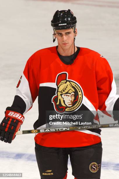 Wade Redden of the Ottawa Senators warms up before a NHL hockey game against the Washington Capitals at MCI Center on November 13, 2001 in...