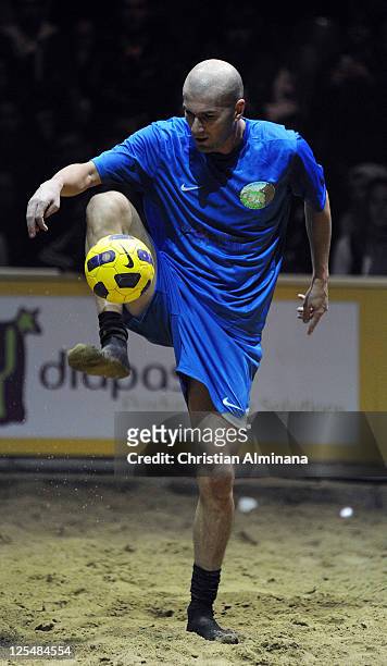 French former soccer player Zinedine Zidane attends the 'Beach Soccer Celebrity' For Fight Aids at Chapiteau du Cirque on December 11, 2010 in...