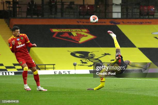 Danny Welbeck of Watford scores his team's second goal during the Premier League match between Watford FC and Norwich City at Vicarage Road on July...