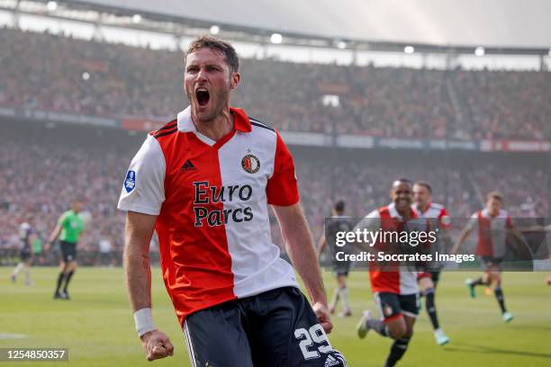 Santiago Gimenez of Feyenoord celebrates 2-0 during the Dutch Eredivisie match between Feyenoord v Go Ahead Eagles at the Stadium Feijenoord on May...