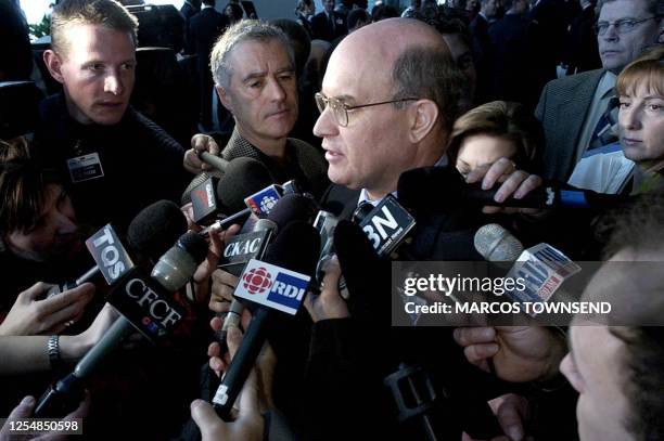 Canada's Transport Minister David Collenette fields questions following an International Civil Aviation Organization ministers meeting 19 February,...