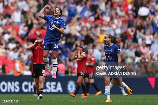 Chelsea's Australian striker Sam Kerr celebrates after winning the English Women's FA Cup final football match between Chelsea and Manchester United...