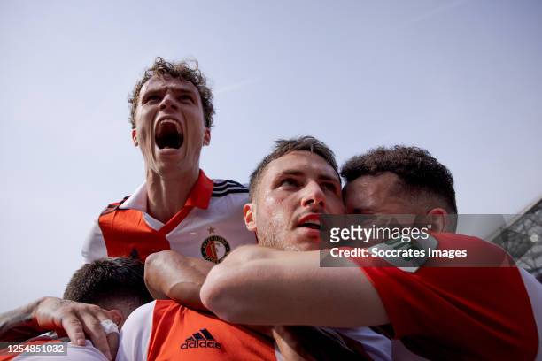 Santiago Gimenez of Feyenoord celebrates 2-0 with Oussama Idrissi of Feyenoord, Mats Wieffer of Feyenoord during the Dutch Eredivisie match between...