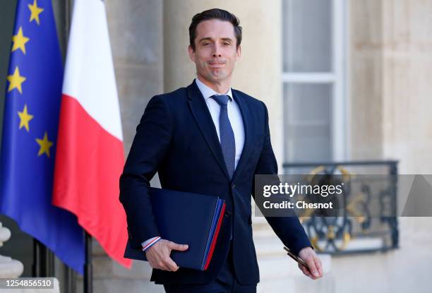 Newly appointed French Secretary of State to the Minister for Transports Jean-Baptiste Djebbari leaves the Elysee presidential Palace after a weekly...