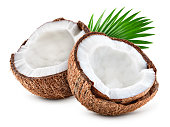 Coconut slice. Coco pieces isolated on white. Coconut with leaves. Full depth of field.