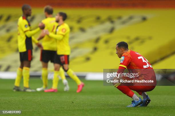 Adam Idah of Norwich City reacts on the final whistle as Watford players celebrate in the Premier League match between Watford FC and Norwich City at...