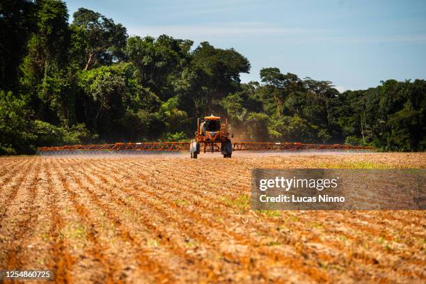 machine spraying agricultural defensive - spraying soybeans stock pictures, royalty-free photos & images