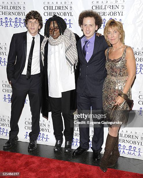 Jesse Eisenberg, Whoopi Goldberg, Josh Sussman and Nancy Spielberg attend Chabad's Children of Chernobyl Children at Heart gala at Pier 60 on...