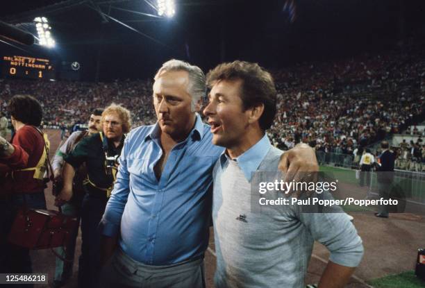 Nottingham Forest manager Brian Clough and his assistant Peter Taylor after their success in the European Cup final at the Olympiastadion, Munich,...