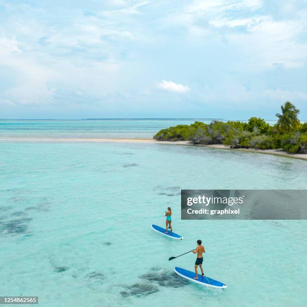 coppia stand up paddle boarding in oceano, maldive - maldives sport foto e immagini stock