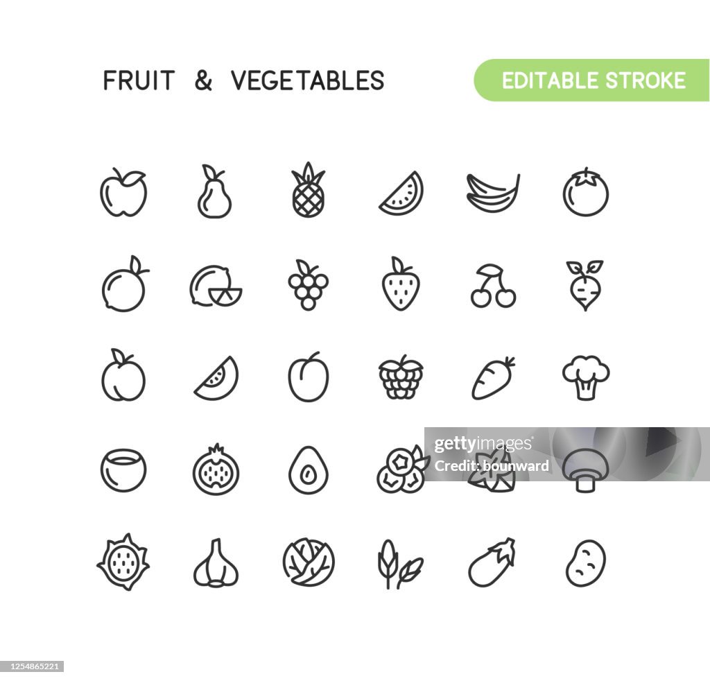 Contorno de frutas e legumes ícones de traçado editável