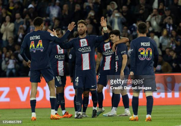 Sergio RAMOS, MARQUINHOS and VITINHA of PSG during the Ligue 1 Uber Eats match between PSG and Ajaccio at Parc des Princes on May 13, 2023 in Paris,...