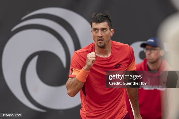 Sebastian Ofner of Austria celebrates a point against Damien Wenger of Switzerland during day 5 of the Danube Upper Austria Open 2023, part of the...