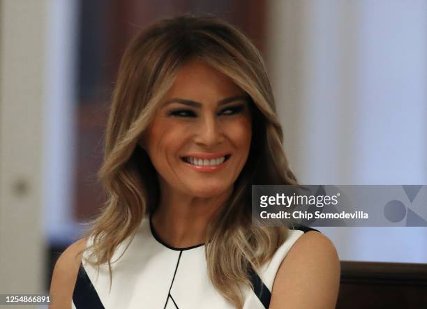 First lady Melania Trump participates in an event with students, teachers and administrators about how to safely re-open schools during the novel...