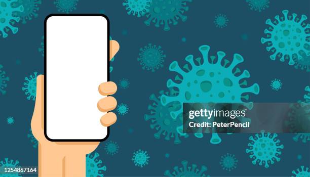 phone in hand on the virus background. coronavirus vector illustration - bacteria cell stock illustrations