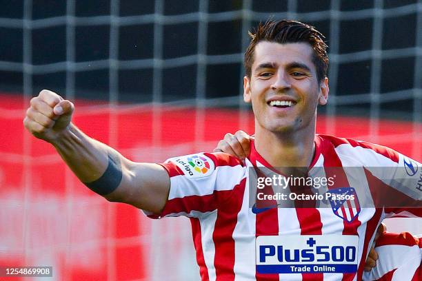 Alvaro Morata of Atletico de Madrid celebrates after scoring his team's first goal during the Liga match between RC Celta de Vigo and Club Atletico...