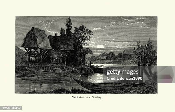 dutch boats on river near luneburg, germany 19th century - lüneburg stock illustrations